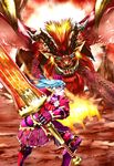  armor battle blue_eyes blue_hair chain claws clenched_hand clenched_teeth crown dragon fangs felyne fire gateofrage greatsword highres horns huge_weapon long_hair monster_hunter sword teeth teostra teostra_(armor) weapon wings 
