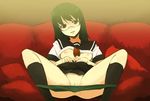  1girl character_request copyright_request couch female glasses green_eyes green_hair long_hair lying onija_tarou open_clothes panties panty_pull pillow pussy reclining school_uniform serafuku shirt_lift sitting skirt skirt_lift socks solo spread_legs uncensored underwear 