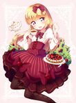  :3 bad_id bad_pixiv_id bangs banned_artist blonde_hair blunt_bangs blush bow brown_eyes cup dress hair_bow highres hime_cut knife kobeni_hijiko lolita_fashion long_hair original pantyhose pastry plate smile solo tea teacup teapot 