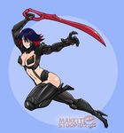  black_eyes black_hair breasts cleavage cyborg eyepatch hair_over_one_eye izra kill_la_kill large_breasts matoi_ryuuko metal_gear_(series) metal_gear_rising:_revengeance multicolored_hair navel raiden scissor_blade senketsu shiny shiny_skin short_hair solo two-tone_hair watermark weapon 