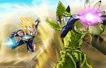  aura battle blonde_hair blood blue_eyes bodysuit cell_(dragon_ball) dragon_ball dragon_ball_z energy_ball eyebrows flying gloves incoming_attack male_focus multiple_boys muscle perfect_cell spiked_hair super_saiyan thick_eyebrows thomas_bramall torn_clothes vegeta white_gloves 