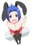  ahoge animal_ears blue_hair breasts bunny_ears cleavage from_above haseneko highres idolmaster idolmaster_(classic) large_breasts looking_at_viewer miura_azusa open_mouth red_eyes short_hair sitting solo thighhighs 