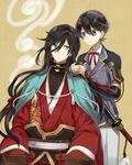  black_hair blue_eyes horikawa_kunihiro izumi-no-kami_kanesada japanese_clothes katana male_focus modoromi multiple_boys sheath sheathed sword touken_ranbu weapon 