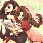  2girls :d aerith_gainsborough black_hair bow breasts brown_hair character_name cleavage commentary_request dated drill_hair earrings final_fantasy final_fantasy_vii green_eyes groin hair_bow heart hug hug_from_behind jewelry long_hair low-tied_long_hair miniskirt multiple_girls open_mouth ponytail red_eyes skirt smile suspenders tied_hair tifa_lockhart very_long_hair yadoso 