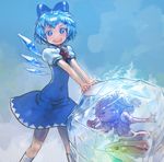  2girls :d \m/ blue_dress blue_eyes blue_hair bow cirno covered_navel daiyousei dress frozen hair_bow ice ice_wings multiple_girls open_mouth revision short_hair smile symbol-shaped_pupils touhou v wings yst 