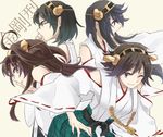  ahoge black_hair blue_eyes brown_eyes brown_hair chirosuke_(nameless) glasses hairband haruna_(kantai_collection) hiei_(kantai_collection) highres japanese_clothes kantai_collection kirishima_(kantai_collection) kongou_(kantai_collection) long_hair multiple_girls nontraditional_miko one_eye_closed plaid plaid_skirt ribbon-trimmed_sleeves ribbon_trim skirt smile 