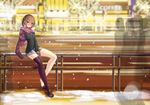  absurdres asymmetrical_legwear breath brown_eyes brown_hair dobunezumi gloves highres looking_at_viewer open_mouth original panties panties_removed putting_on_shoes railing scarf shoe_dangle short_hair single_thighhigh sitting skirt snow solo thighhighs underwear 