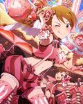  bow bowtie brown_eyes brown_hair futami_ami futami_mami gloves idolmaster idolmaster_(classic) idolmaster_million_live! licking_lips looking_at_viewer multiple_girls navel official_art one_side_up short_hair siblings solo_focus thighhighs tongue tongue_out twins valentine white_gloves 