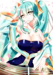  arm_up armpits bad_id bad_pixiv_id bare_shoulders blue_dress blue_hair blush breasts cleavage dress etwahl hand_in_hair head_tilt huge_breasts instrument league_of_legends long_hair looking_at_viewer low_neckline ramune_(cherrykde) smile sona_buvelle strapless strapless_dress string twintails upper_body very_long_hair yellow_eyes 