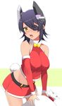  blush breasts bunny_tail eyepatch groin haseneko headgear highres kantai_collection large_breasts looking_at_viewer midriff open_mouth purple_hair sack santa_costume short_hair solo tail tenryuu_(kantai_collection) yellow_eyes 