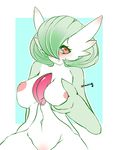  2015 abstract_background anthro big_breasts blush breasts butt eyelashes female gardevoir green_hair hair humanoid looking_at_viewer navel nintendo nipples nude pok&eacute;mon red_eyes sliming smile solo video_games 