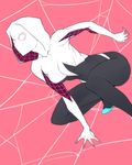  ban bodysuit breasts from_side gloves gradient gwen_stacy highres hood marvel mask medium_breasts no_pupils pink_background short_hair silk solo spider-gwen spider_web spider_web_print squatting superhero 