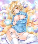  alternate_costume animal_ears artist_name at_classics blonde_hair blush breasts cleavage clothes_tug covered_nipples fox_ears fox_tail groin head_tilt hips large_breasts legs light_particles meme_attire multiple_tails no_hat no_headwear no_shoes open-chest_sweater panties sample shirt short_hair side-tie_panties sitting skindentation smile solo string_panties sweater sweater_tug tail taut_clothes taut_shirt thighhighs touhou traditional_media turtleneck underwear untied untied_panties watermark white_legwear yakumo_ran yellow_eyes 
