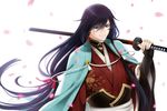  bad_id bad_pixiv_id black_hair blue_eyes izumi-no-kami_kanesada japanese_clothes katana male_focus over_shoulder petals sheath sheathed solo sword sword_over_shoulder touken_ranbu weapon weapon_over_shoulder wii_hola 