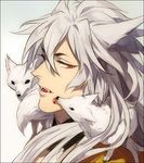  animal animal_on_shoulder bishounen fangs fox hair_flaps kogitsunemaru long_hair male_focus red_eyes solo tekla touken_ranbu 