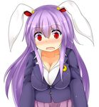  animal_ears blazer blush breasts bunny_ears cleavage collarbone crescent crescent_hair_ornament hair_ornament jacket large_breasts long_hair long_sleeves md5_mismatch open_mouth pleated_skirt purple_hair red_eyes reisen_udongein_inaba revision shirt shocked_eyes skirt solo touhou us2s very_long_hair 