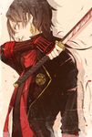  black_hair blood bloody_weapon highres kashuu_kiyomitsu katana long_hair male_focus ponytail red_scarf rubill scarf solo sword touken_ranbu weapon 