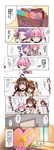  :d absurdres ahoge box brown_hair chocolate comic commentary_request detached_sleeves gift gift_bag gift_box gloves hair_intakes hairband headgear heart-shaped_box highres inazuma_(kantai_collection) japanese_clothes kantai_collection kongou_(kantai_collection) long_hair mechanical_halo multiple_girls nanodesu_(phrase) nontraditional_miko okuva open_mouth pink_hair ponytail purple_hair school_uniform shiranui_(kantai_collection) short_hair smile tatsuta_(kantai_collection) translated valentine 