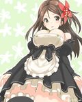  amagi_(kantai_collection) apron bare_shoulders black_dress black_legwear blush breasts brown_eyes brown_hair cleavage cosplay detached_sleeves dream_c_club dream_c_club_(series) dream_c_club_uniform dress flower hair_ornament kantai_collection large_breasts long_hair looking_at_viewer mizuki_makoto mole mole_under_eye smile solo white_apron 