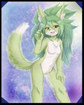  canine female flat_chested fox fur green_fur green_hair hair kemono long_hair mammal nude unknown_artist yellow_eyes 