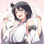  black_hair breasts commentary detached_sleeves double_v heart heart-shaped_pupils kantai_collection large_breasts open_mouth red_eyes shinsono_shiroko smile symbol-shaped_pupils v yamashiro_(kantai_collection) 