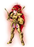  armor bow breastplate chain circlet commentary gold_armor gold_saint greaves hair_bow highres kouga_(hipporit) libra_douko mahou_shoujo_madoka_magica parody pauldrons polearm ponytail red_eyes red_hair saint_seiya sakura_kyouko shield smile solo thighhighs weapon zettai_ryouiki 