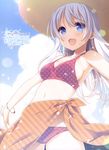  :d absurdres bikini blue_eyes breasts cleavage dengeki_moeou from_below hat highres jewelry long_hair medium_breasts nanase_meruchi navel necklace open_mouth outstretched_arms red_bikini sarong scan silver_hair smile solo strap_gap sun_hat swimsuit wristband 