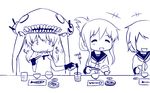  abubu bowl cannon cape chewing chopsticks eating fish fish_bone food glass gloves hair_ornament hairclip headgear ikazuchi_(kantai_collection) inazuma_(kantai_collection) kantai_collection monochrome multiple_girls neckerchief plate rice_bowl shinkaisei-kan smile soy_sauce translated turret wo-class_aircraft_carrier 