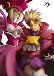  1boy 1girl android blazblue blonde_hair blue_eyes cape facial_hair gloves hat ignis_(blazblue) looking_at_viewer mask pink_hat relius_clover simple_background smirk sowel_(sk3) stubble white_background white_hair 