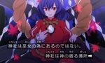  bad_id bad_twitter_id hair_ornament indian_style leaf leaf_hair_ornament maple_leaf mirror night onbashira purple_hair red_eyes rope shimenawa short_hair sitting smile solo subtitled tama_(soon32281) touhou translated yasaka_kanako 