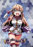  belt black_legwear blonde_hair blue_eyes brown_gloves cannon commentary_request detached_sleeves earth_federation gloves gundam headset highres kantai_collection long_hair long_sleeves military military_uniform open_mouth salamis_class salute shirt shorts smile solo thigh_strap thighhighs tsuki_wani uniform very_long_hair 