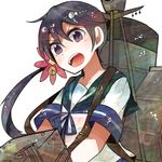  akebono_(kantai_collection) bell blouse cannon flower hair_bell hair_flower hair_ornament itomugi-kun jingle_bell kantai_collection loafers long_hair machinery open_mouth purple_eyes purple_hair school_uniform serafuku shoes side_ponytail solo turret very_long_hair 