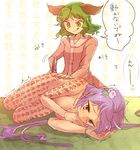  animal_ears bad_id bad_twitter_id banned_artist body_writing calligraphy_brush dress flower green_eyes green_hair hair_flower hair_ornament heart_sutra kasodani_kyouko long_hair multiple_girls nude paintbrush purple_eyes purple_hair short_hair smile tongue tongue_out touhou towako_(10wk0) translated trembling tsukumo_benben 