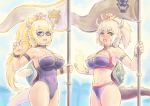  2girls :d banner bikini black-framed_eyewear blonde_hair blush bowsette bowsette_(cosplay) breasts collar commentary cosplay covered_navel d: earrings embarrassed english_commentary eyebrows_visible_through_hair fingernails fire flag glasses holding horns jeanne_d&#039;arc_(alter)_(fate) jeanne_d&#039;arc_(fate) jeanne_d&#039;arc_(fate)_(all) jewelry kensaint large_breasts leotard lizard_tail looking_at_viewer mario_(series) midriff multiple_girls new_super_mario_bros._u_deluxe nintendo open_mouth pointy_ears ponytail purple_bikini purple_leotard smile studded_bracelet studded_collar super_crown swimsuit tail yellow_eyes 