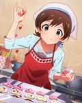  apron artist_request baking_sheet brown_hair cookie food green_eyes head_scarf heart idolmaster idolmaster_million_live! jpeg_artifacts kinoshita_hinata kitchen official_art polka_dot short_hair smile solo source_request valentine 