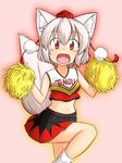  animal_ears breasts cheerleader crop_top elu_butyo hat highres inubashiri_momiji looking_at_viewer medium_breasts midriff miniskirt navel open_mouth pink_background red_eyes short_hair silver_hair simple_background skirt solo tail tokin_hat touhou wolf_ears wolf_tail 