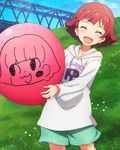  :d balloon blush blush_stickers closed_eyes hood hoodie idolmaster idolmaster_million_live! nonohara_akane official_art open_mouth oversized_object red_hair short_hair signature smile solo 