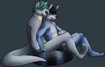  blue_fur cuddling fur green_hair hair male male/male mammal missdeerface mustelid orion orionotter~ otter raccoon 