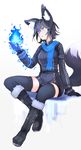  animal_ears belt black_hair black_legwear blue_fire blue_scarf boots fire fox_ears fox_tail fur_boots ganesagi gloves highres jacket nanashi_(ganesagi) original scarf serious short_hair sitting solo tail thighhighs zettai_ryouiki 