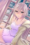  anastasia_(idolmaster) arm_support blue_eyes blush breasts coat dress eyelashes frilled_dress frills hair_between_eyes idolmaster idolmaster_cinderella_girls looking_at_viewer medium_breasts open_clothes open_coat open_mouth shisei_(kyuushoku_banchou) short_hair silver_hair smile solo window 