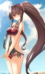  bikini blue_sky blush breasts brown_eyes brown_hair cloud commentary day flower hair_flower hair_ornament kantai_collection kantai_collection_(anime) large_breasts long_hair looking_at_viewer oukawa_yuu ponytail sky solo swimsuit very_long_hair yamato_(kantai_collection) 