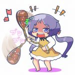  biwa_lute chibi dress flower hair_flower hair_ornament hekoningyou_(waraningyou) instrument long_hair lute_(instrument) open_mouth purple_eyes purple_hair smile solo touhou tsukumo_benben 