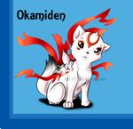  black_eyes blue_background canine cute feral fur looking_at_viewer mammal okamiden paws plain_background sitting tailzkip video_games weapon white_fur wolf young 