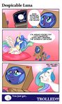  blue_eyes blue_hair box clothed clothing comic crying cute cutie_mark english_text equine feral friendship_is_magic green_hair group hair horn horse humor magic mammal moon multicolored_hair my_little_pony nude pillow pink_hair pony princess_celestia_(mlp) princess_luna_(mlp) purple_eyes sitting smile speech_bubble tailzkip tears television text winged_unicorn wings 