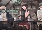  2girls bare_shoulders black_hair blue_eyes brown_hair cafe formal handheld_game_console hayakawa_pao looking_at_viewer multiple_girls nail_polish nintendo_ds original panties pantyshot pantyshot_(sitting) parted_lips purple_eyes restaurant short_hair sitting skirt sleeveless sleeveless_turtleneck solo_focus starbucks suit thighhighs turtleneck underwear 