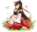  2015 ;3 amano_kenpi animal_ears brooch brown_hair dated dress fang heart imaizumi_kagerou jewelry long_hair one_eye_closed red_eyes sitting smile solo star touhou very_long_hair wolf_ears 