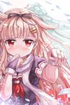  black_gloves black_serafuku blonde_hair blush covering_mouth fingerless_gloves gloves hair_flaps hair_ornament hair_ribbon hairclip hand_to_own_mouth highres jewelry kantai_collection long_hair looking_at_viewer miazi neckerchief red_eyes red_neckwear remodel_(kantai_collection) ribbon ring sailor_collar scarf school_uniform serafuku solo upper_body wedding_band white_scarf yuudachi_(kantai_collection) 