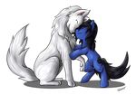  2014 ambiguous_gender black_hair blue_fur blue_skin canine cute cutie_mark duo equine eyes_closed feral fur hair horse mammal my_little_pony night_light nuzzling plain_background pony sitting smile splinter_(character) tailzkip white_fur 