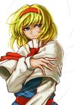  alice_margatroid blonde_hair blue_dress blue_eyes capelet dress hairband koyubi_(littlefinger1988) long_sleeves looking_to_the_side puffy_long_sleeves puffy_sleeves short_hair smile solo string_around_finger touhou 