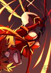  alternate_costume bared_teeth blonde_hair blue_eyes boots breasts falling kill_la_kill matoi_ryuuko medium_breasts multicolored_hair red_hair ruby_feather scissor_blade senketsu senketsu-kisaragi short_hair solo spoilers thigh_boots thighhighs two-tone_hair underboob upside-down 